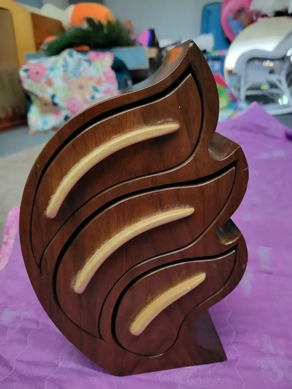 Bandsaw Scroll Leaf Teak Wood Jewelry Box W Hidden Compartment Signed